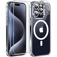 MOZOTER 6-in-1 Magnetic for iPhone 15 Pro Case,[Compatible with Magsafe] [Anti Yellowing][Glass Screen Protector & Camera Lens Protector] Slim Thin Shockproof Case for 15 Pro 6.1 inch,Clear