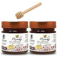 Raw Honey with Honeycomb from Messinia Bundle with - (2) 10.58oz (300g) Ariston Pure Unheated Unfiltered Greek Honey and (1) Wyked Yummy Wooden Honey Dipper