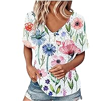Summer Shirts for Women Eyelet Short Sleeve V Neck Tops Shirt Floral Printed Loose Casual Tee Dressy Blouses