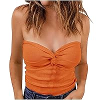 Womens Sexy Knit Bandeau Summer Y2K Twist Knot Front Ribbed Tube Tops Trendy Casual Slim Fit Corset Strapless Shirts