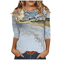 3/4 Sleeves Summer Tops for Womens Breathable Crewnecks Sweatshirts Floral Printed Graphic Tees Dressy Casual Blouses