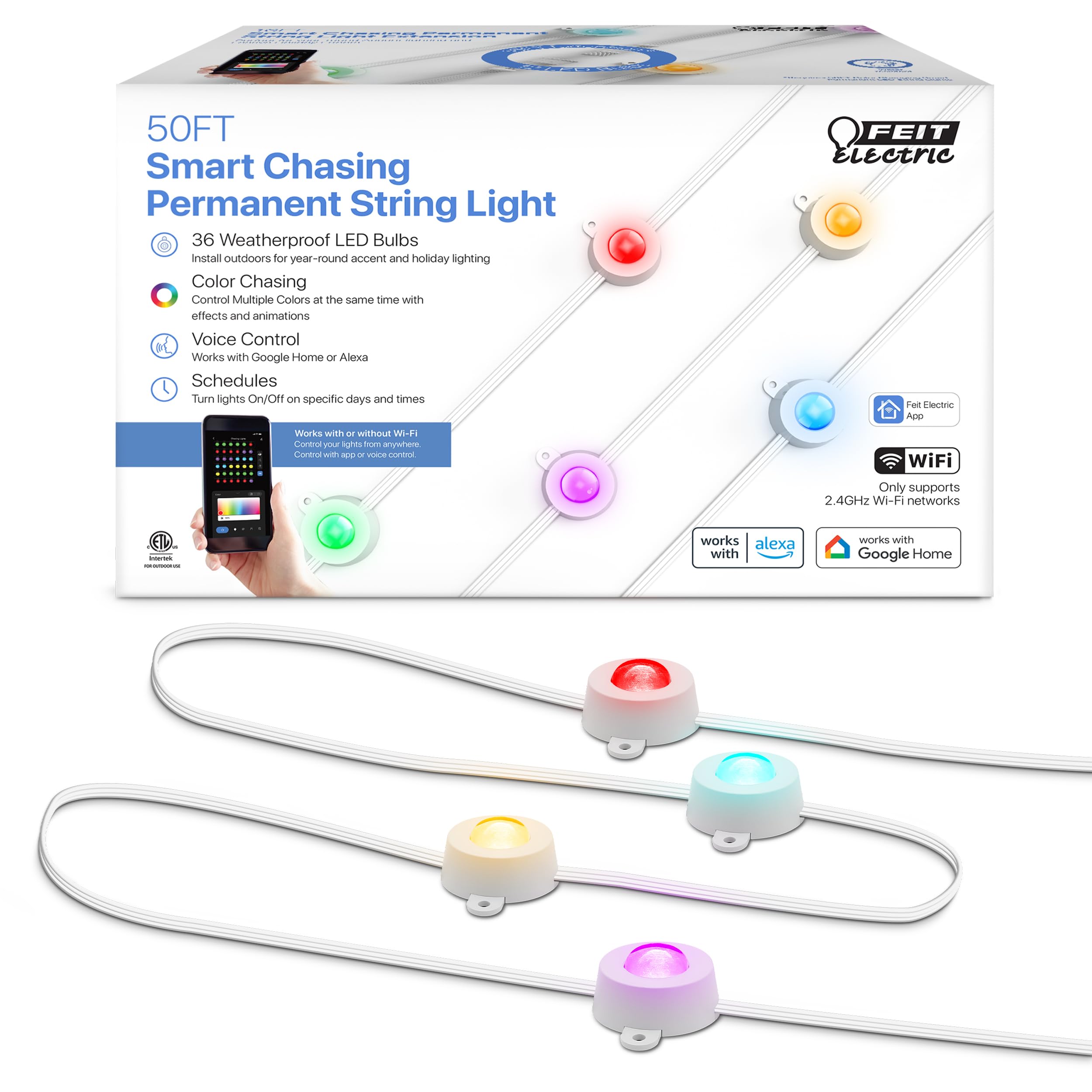 Feit Electric Permanent Outdoor Lights, Smart RGBIC String Lights, 50FT LED Christmas Lights, 2.4GHz WiFi-Enabled Under Eave Light, Work with Alexa and Google Assistant, Weather Proof, SL50-36/RGB/AG