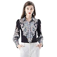 LAI MENG FIVE CATS Women's Baroque Chain Print Shirt Regular Fit Button Down Casual Blouse Tops