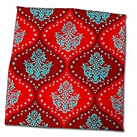 3dRose Dooni Designs Teal Aqua Blue Red White Henna Damask - Towels (twl-116416-3)
