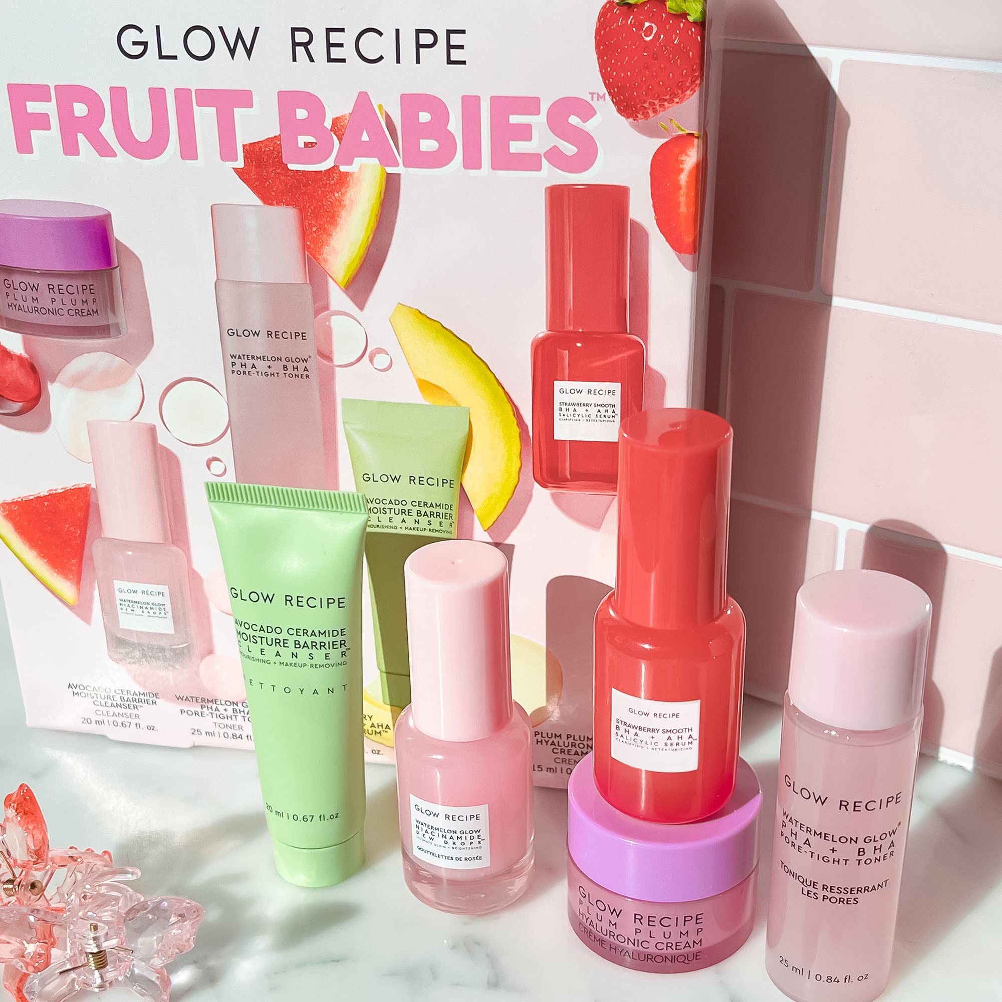 Glow Recipe - Fruit Babies Bestsellers Kit - Mini Travel Size Beauty Essentials - Avocado Foam Cleanser, Niacinamide Dew Drops Serum, Pore-Tight Toner, Salicylic Serum, Hyaluronic Acid Cream (5 Count)