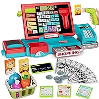 Kids Cash Register Toy Playset with Real Calculator, Toddler Pretend Play Store incl Scanner/Credit Card/Play Money/Conveyor/Food Toys, Learning Toys Gifts for Boys Ages 4-8 8-12, Red