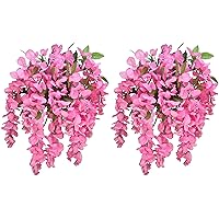 2pcs of 15 Stem Artificial Flowers Wisteria Hanging Plants Flowers for Outdoor, Fake Hanging Plant Baskets for Home Decor Wedding Garden Cemetery Flowers for Grave, Pink