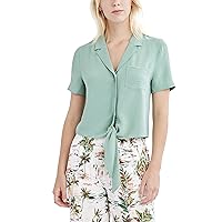 BCBGeneration Women's Relaxed Short Sleeve Pocket Button Down Tie Front Top, Fern, Large