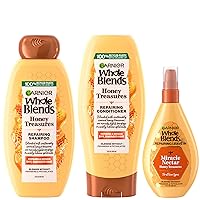 Garnier Whole Blends Honey Treasures Repairing Shampoo, Conditioner + Miracle Nectar Leave-In Set for Dry, Damaged Hair (3 Items), 1 Kit (Packaging May Vary)