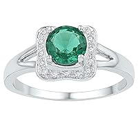 0.83 Carat (Ctw) Round Created Emerald Solitaire Square Frame Ring 7/8 Ctw, Sterling Silver