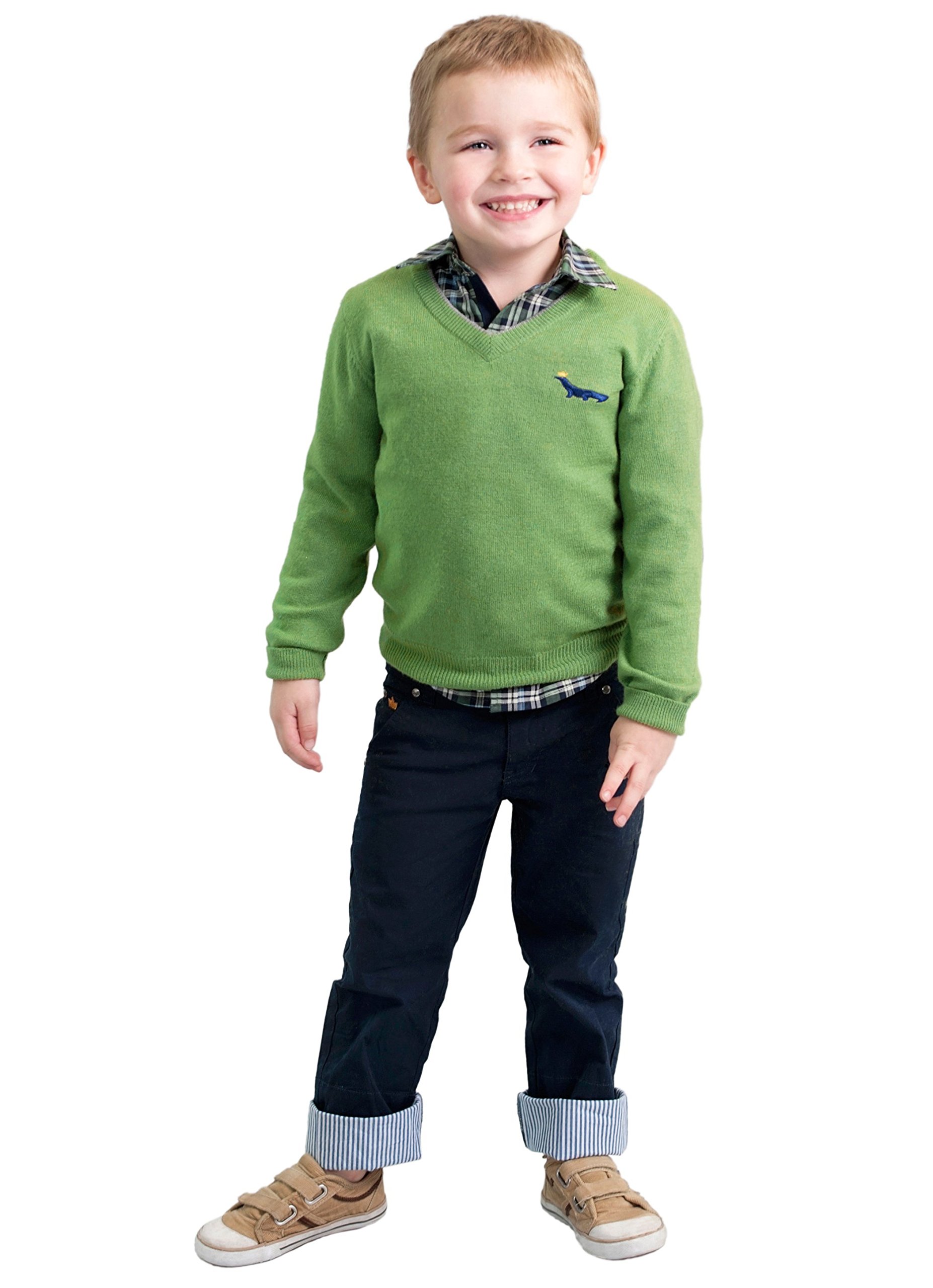 Dakomoda Toddler Boys' Cashmere Wool Blend Green Sweater V-Neck Elbow Patch