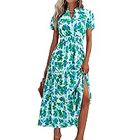 MASCOMODA Summer Maxi Dress for Women 2024 Casual V Neck Puff Short Sleeve Smocked Ruffle Flowy Beach Boho Long Floral Dress