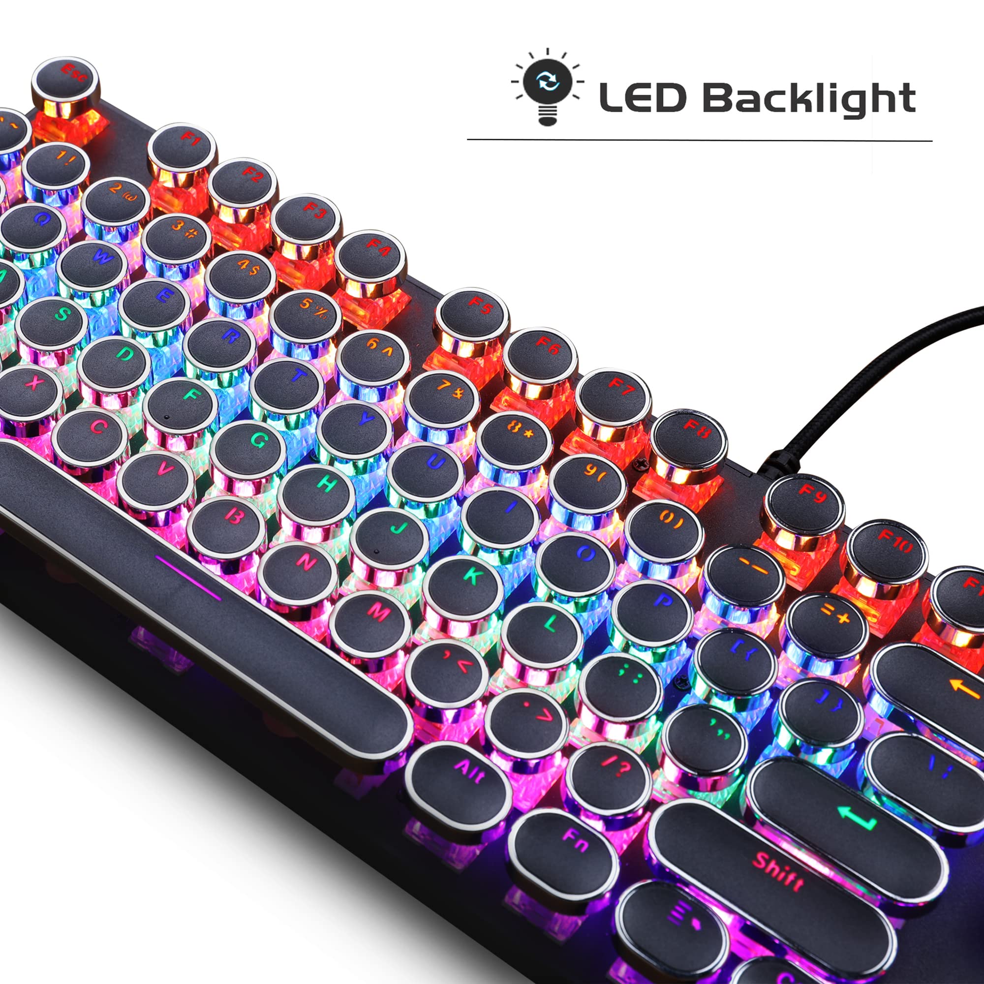 MageGee Typewriter Mechanical Gaming Keyboard, Retro Punk Round Keycaps with RGB Rainbow Backlit USB Wired Keyboards for Game and Office, for Windows Laptop PC Mac - Blue Switches/Black