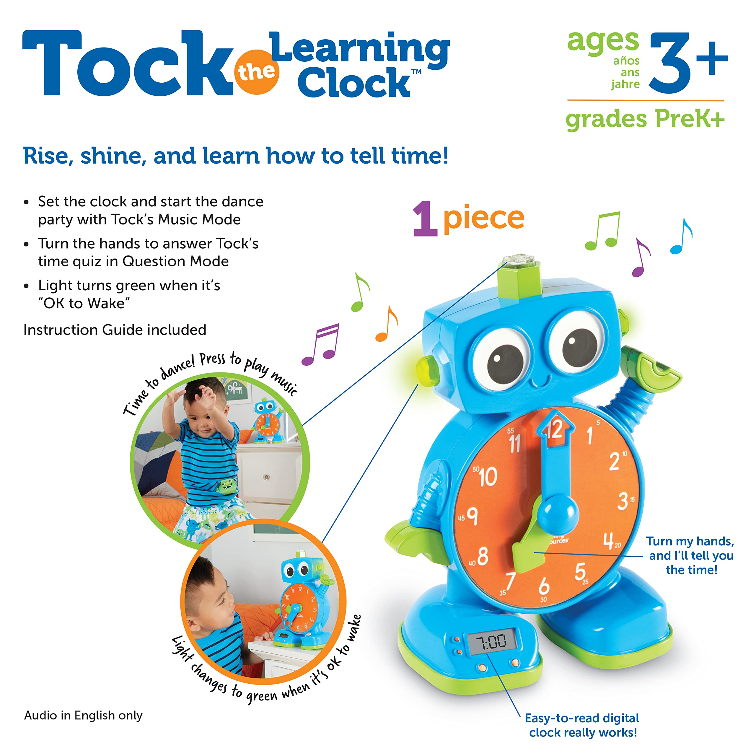 Learning Resources Tock The Learning Clock - 1 Piece, Ages 3+ Educational Talking & Teaching Clock, Toy Clock for Toddlers, Educational Toys for Kids
