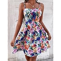 Summer Dresses for Women 2022 Floral Print Shirred Back Slip Dress (Color : Multicolor, Size : XS)