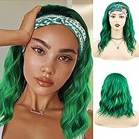 MORICA Headband Wig Short Wavy Wigs for Black Women Brown Bob Wig Glueless Synthetic Shoulder Length Wigs 16 Inch Headwrap Wigs with Headband Attached
