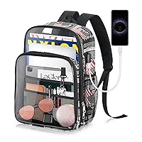 KETIEE Clear Backpack, Stadium Approved Clear Bag Heavy Duty Leather, Large Waterproof See Through Backpack with USB Charging Port and Trolley Sleeve for Adults Work Travel Sports Concerts (Black)