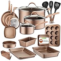 NutriChef 20 Piece Professional Home Kitchen Cookware and Bakeware, Pots and Pans Set Non Stick Kitchenware, Cool-Touch Handles, Safe for Gas, Electric, Induction Cooktops, Easy Clean, Matte Gold