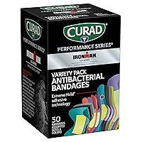 Performance Series Ironman Antibacterial Bandages, Extreme Hold Adhesive Technology, Assorted Variety Pack Includes Standard, XL, Finger & Knuckle Fabric Bandages, 50 Count