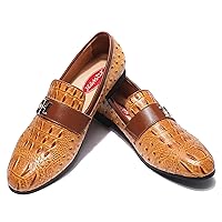 Mens Casual Classic Crocodile Texture Loafer with Gold Buckle Penny Slip-On Wedding Party Prom Shoes