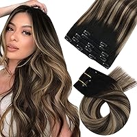 Hair Extensions Real Human Hair Clip ins Balayage Remy Clip in Hair Extensions Human Hair Ombre Black to Brown with Caramel Blonde Double Weft Human Hair Clip in Extensions 12inch 5pcs 70G