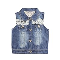 KIDSCOOL SPACE Girl Denim Vest, Round Collared Lace Sleeveless Jeans Tops,6