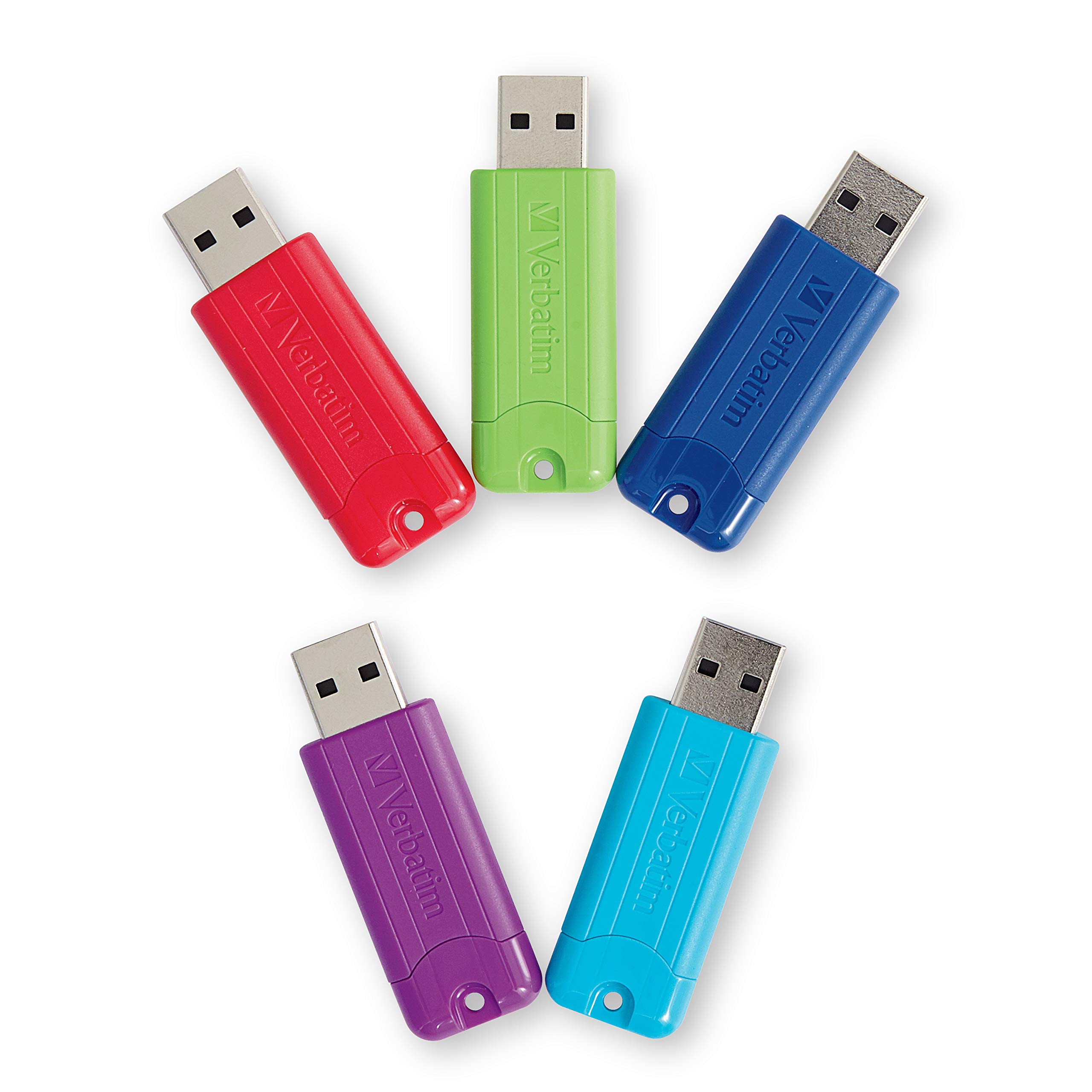 Verbatim 64GB Pinstripe USB 3.2 Gen 1 Flash Drive Retractable Thumb Drive with Microban Antimicrobial Product Protection- 5 Pack - Multicolor (Green, Blue, Red, Purple, Cyan)