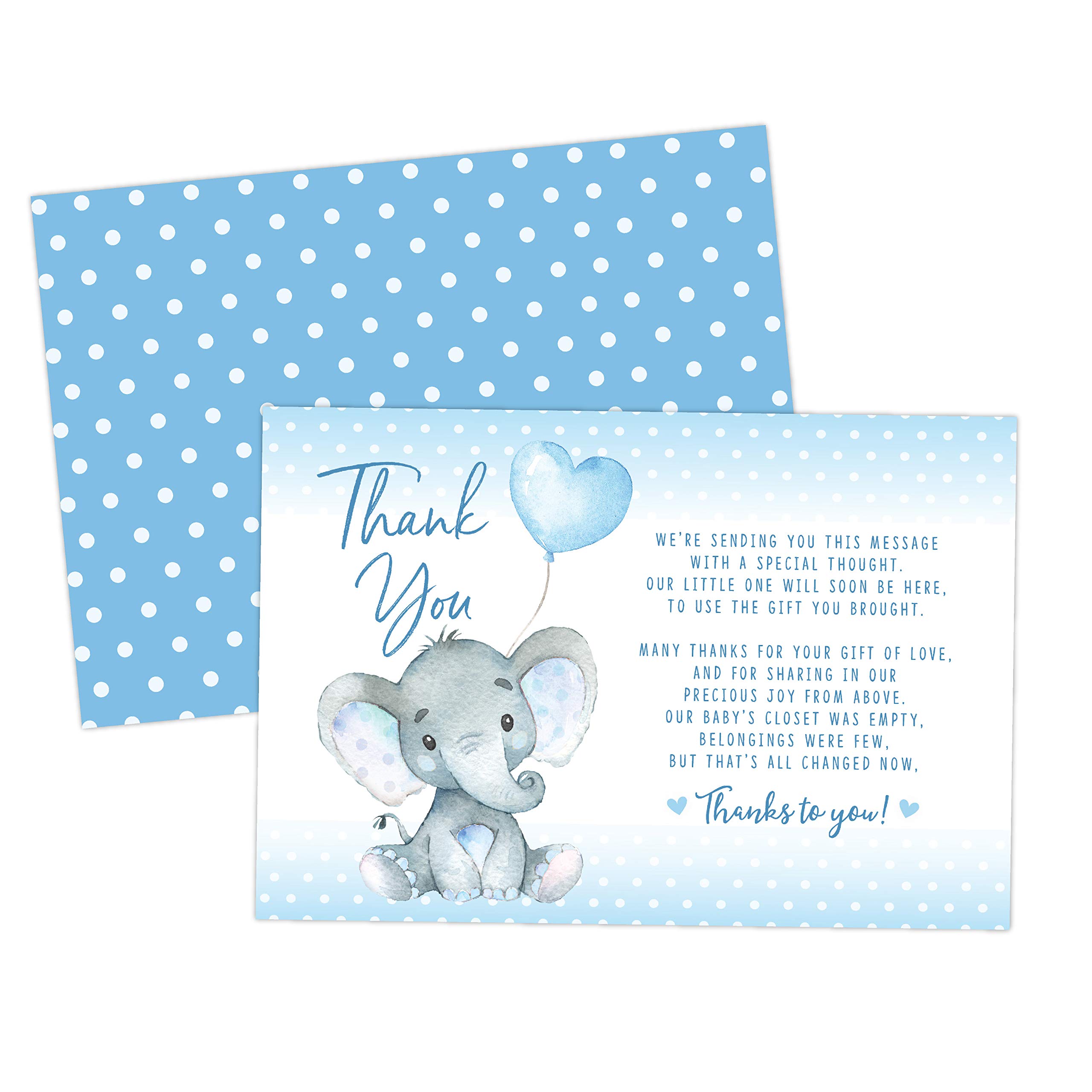 Elephant Baby Shower Thank You Cards 20 Count Pre-written Thank You Cards, Baby Sprinkle Blue Dots