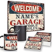 Welcome Name's Garage My Tools My Rules Custom Personalized Chic Sign color change mugs Rustic Vintage Style Retro Kitchen Bar Pub Coffee Shop Decor Home Store Man cave Decor Gift Ideas