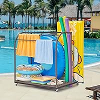 Pool Towel Rack Outdoor with Rattan Base,5 Bar Free Standing Poolside Beach Towel,Rattan Weaving Outdoor Towel Rack,Storage Organizer with Compartment for Floats, Pool Noodles, Swimming Rings