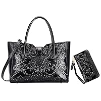 PIJUSHI Floral Handbags For Women Designer Handbag Top Handle Shoulder Bags For Ladies Bundle with Genuine Leather Wallets for Women Floral Wallet Wristlet Ladies Clutch Purse
