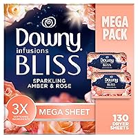 Downy Infusions Mega Dryer Sheets, Laundry Fabric Softener, BLISS, Amber and Rose, 130 Count