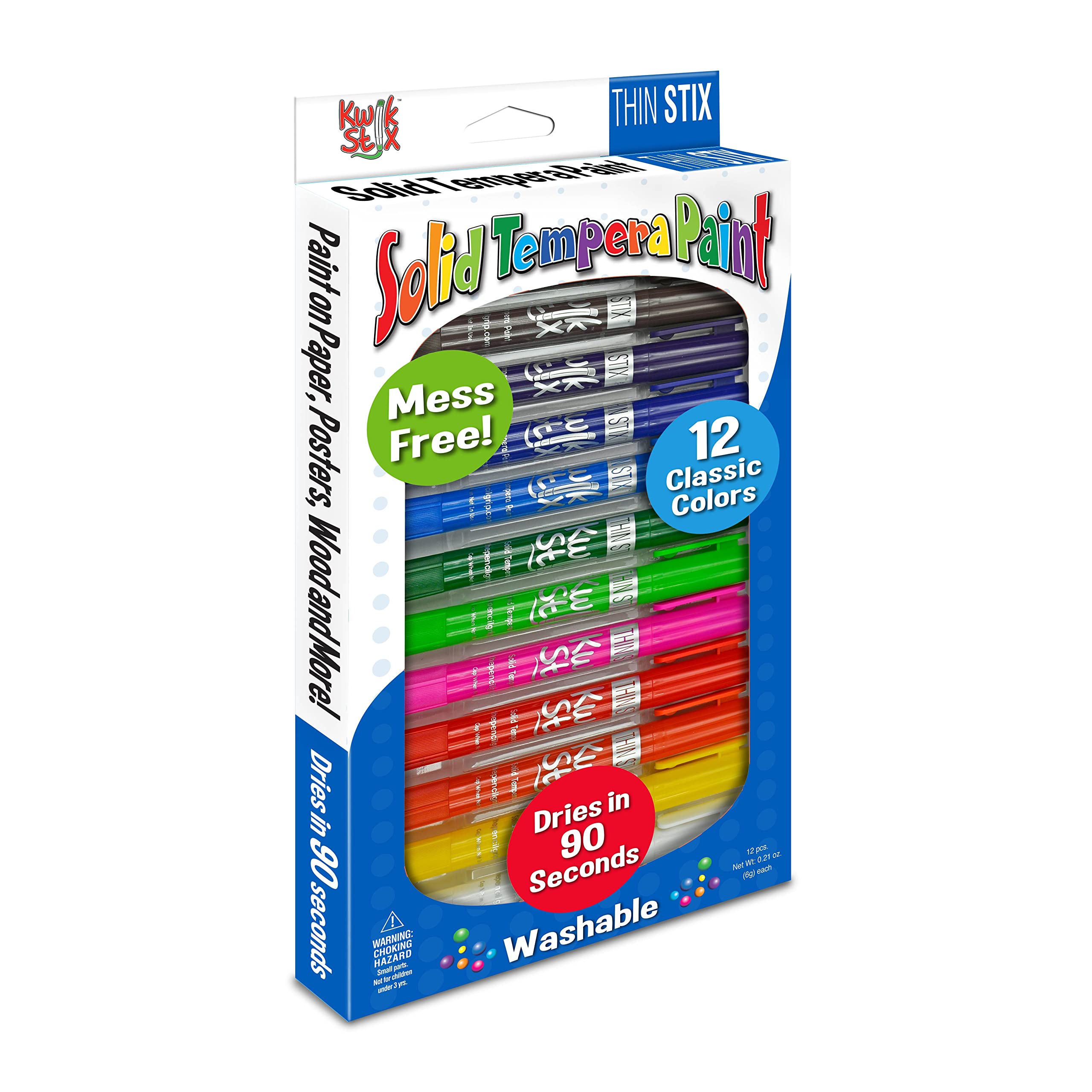 The Pencil Grip Kwik Stix Solid Tempera Paints, Thin Stix Paint Pens, Super Quick Drying, 12 Classic Colors for Children - 12 Pack - TPG-608