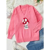 Casual Ladies Comfortable Plus Size Sweater Plus Mushroom & Letter Pattern Drop Shoulder Sweater Leisure Perfect Comfortable Eye-catching (Color : Pink, Size : X-Large)