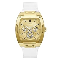 GUESS Men's Trend Multifunction Tonneau 43mm Watch – Gold-Tone Dial & Stainless Steel Case with White Silicone Strap