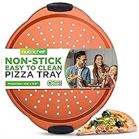 NutriChef 13-Inch Nonstick Pizza Tray - Round Carbon Steel Non-Stick Pizza Baking Pan with Perforated Holes, Premium Bakeware Pizza Screen with Silicone Grip Handles, Dishwasher Safe - Copper