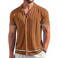 COOFANDY Men's Short Sleeve Knit Shirt Casual Button Down Shirt Vintage Striped Knitted Golf Beach Tops
