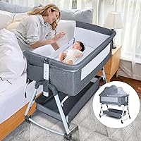 3 in 1 Bedside Bassinet for Baby, Newborn Baby Bassinet with Wheels, Baby Bassinet Bedside Sleeper with Mosquito Nets, Heigt Adjustable, Easy to Fold Portable Bedside Crib for Infant
