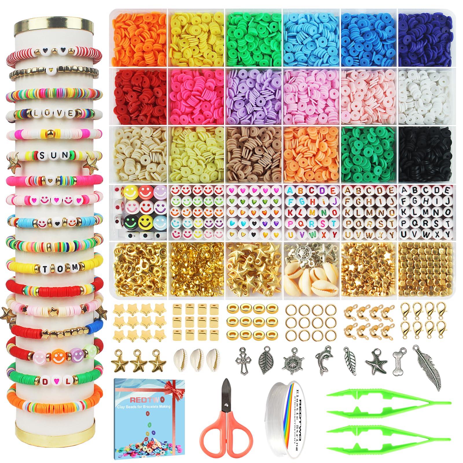 Redtwo 5100 Clay Beads Bracelet Making Kit, Flat Preppy Beads for Friendship Jewelry Making,Polymer Heishi Beads with Charms Gifts for Teen Girls Crafts for Girls Ages 8-12