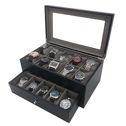 Tech Swiss Watch Box for 20 Watches XL Extra Large Compartments Fits 65mm Soft Cushions (Black)