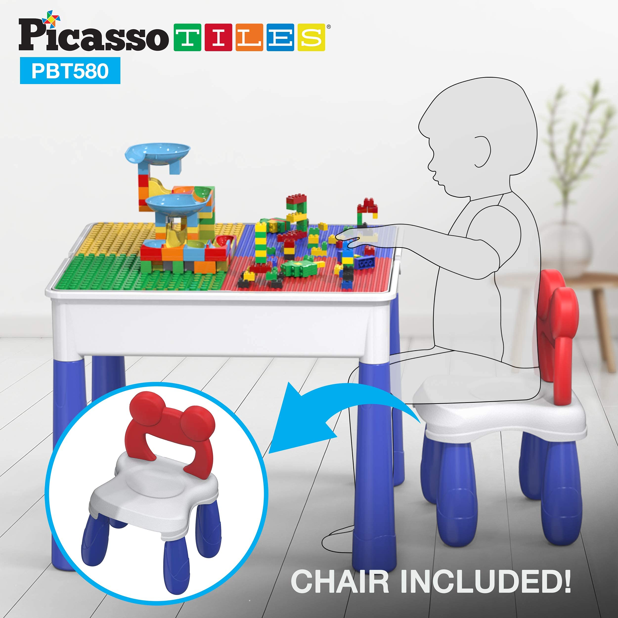 PicassoTiles Magnetic Drawing Board + Table Chair Set with Storage, 12x10 inch Large 748 Bead Magnet Tablet Pad Erasable Reusable Writing Playboard, 581pcs All-in-1 Building Blocks and Marble Run