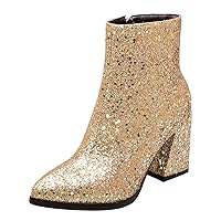 BIGTREE Womens Booties Glitter Shiny Fashion High Heel Ankle Boots Pointed Toe Side Zipper
