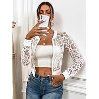 Jackets for Women Zip Up Sheer Lace Crop Bomber Jacket Women's Jackets (Color : White, Size : Small)