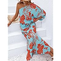 2023 Spring Dress Pants Women Floral Print One Shoulder Split Thigh Dress Dresses (Color : Mint Blue, Size : Large)