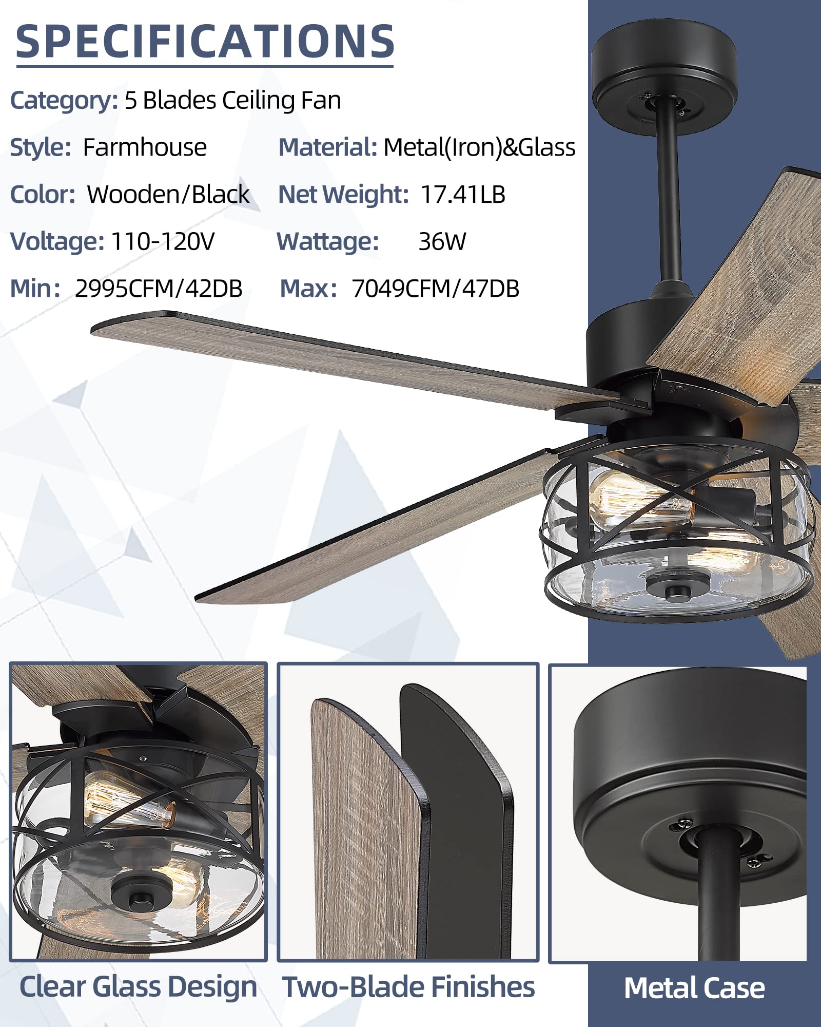 YOUKAIN Farmhouse Ceiling Fans, 48 Inch Industrial Ceiling Fan with Light and Remote Control, Clear Glass, 5-Reversible Blades with Matte Black/Wooden Finish, 52-YJ632
