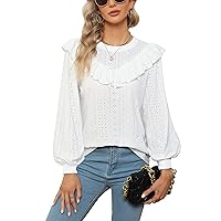 Blooming Jelly Womens White Long Sleeve Shirts Business Dressy Casual Ruffle Tops Elegant Hollow Out Blouses