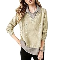 LAI MENG FIVE CATS Women's Casual Collared Knit 2 in 1 Pullover Shirt Long Sleeve Blouse Top
