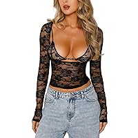 Women Mesh See Through T Shirt Lace Floral Long Sleeve Low Cut Crop Tops Sexy Sheer Blouse with Bra Streetwear