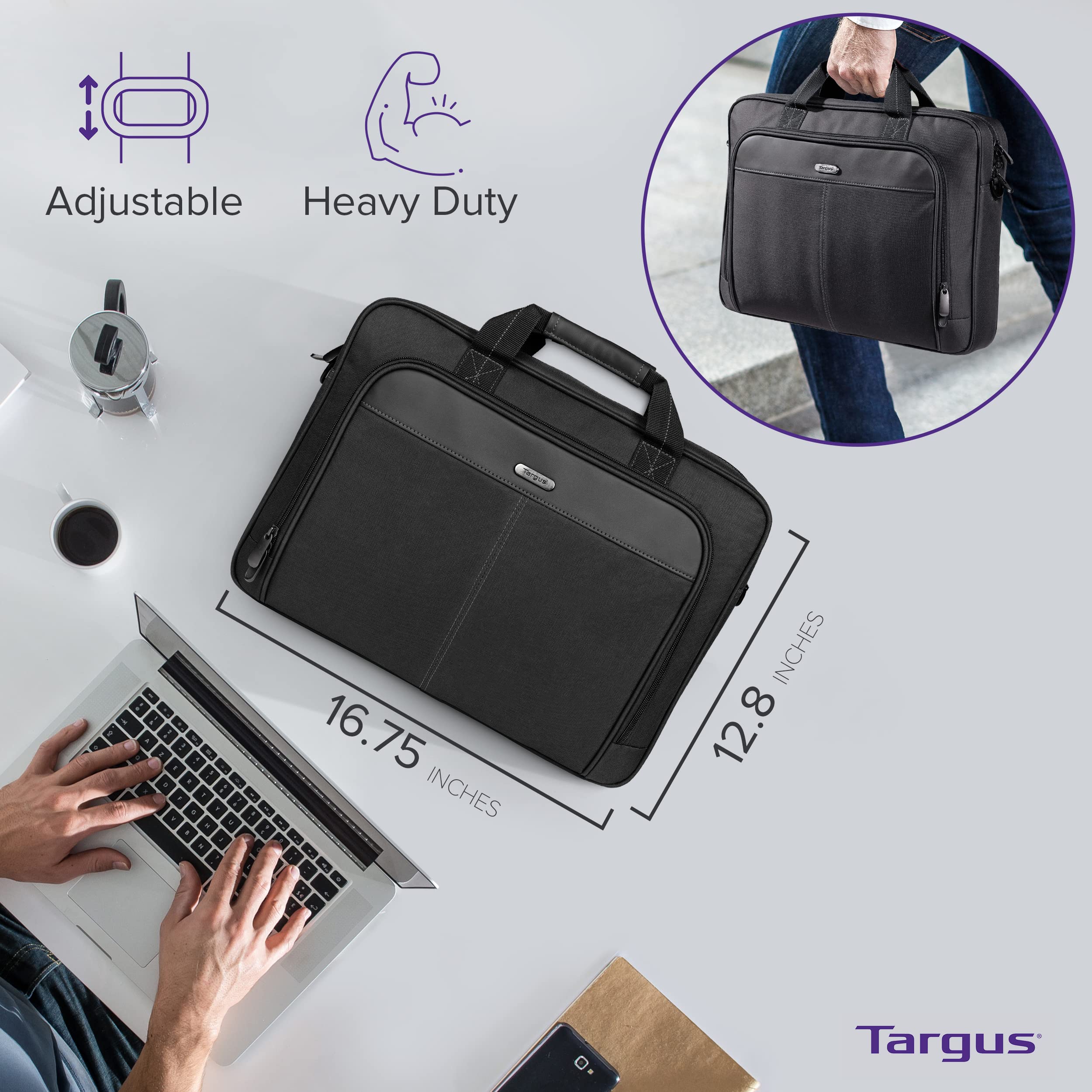 Targus Laptop Bag Classic Slim Briefcase Messenger Bag, Spacious, Ergonomic, Foam Padded Laptop Case for Devices