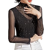 Rhinestone Mesh Tops for Women, Fashion Mock Neck Semi Sheer Long Sleeve Hollow Out Patchwork Blouses Elegant Work Shirts